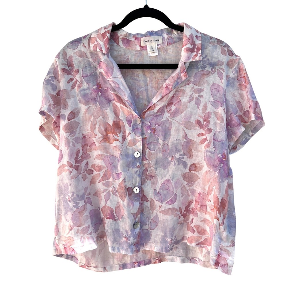 Cloth & Stone Floral Linen Button Down M Pastel Short Sleeve Top Cottagecore